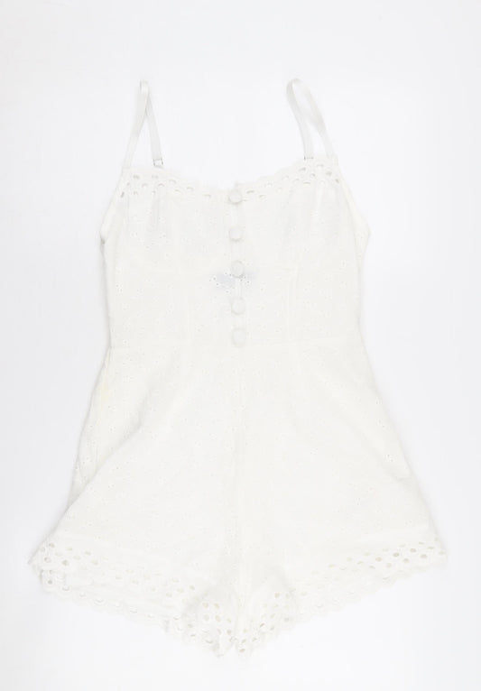 PrettyLittleThing Women's White Cotton Playsuit Size 10