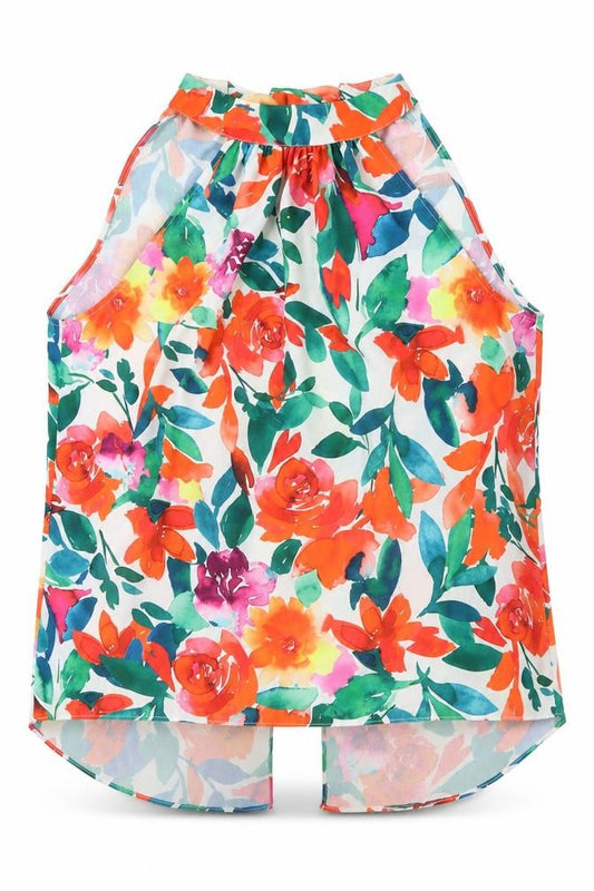 Front view of Roman Women's Floral Halter Sleeveless Blouse