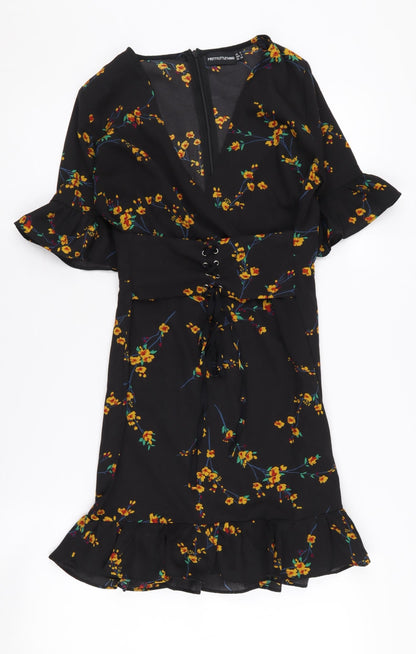 PrettyLittleThing Women's Black Floral Mini Dress - Size 6