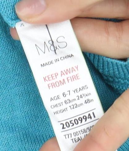 Marks and Spencer Girls Blue Embroidered Knit Dress 6-7 Years