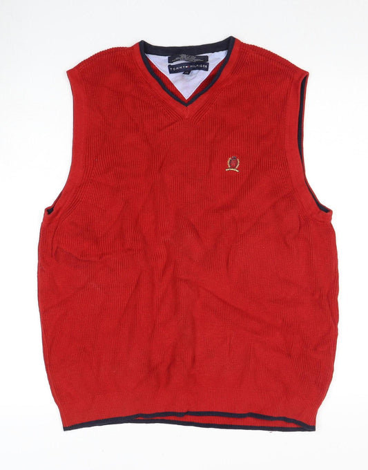 Tommy Hilfiger Men's Red Vest, Size L, Embroidered Cotton Knit