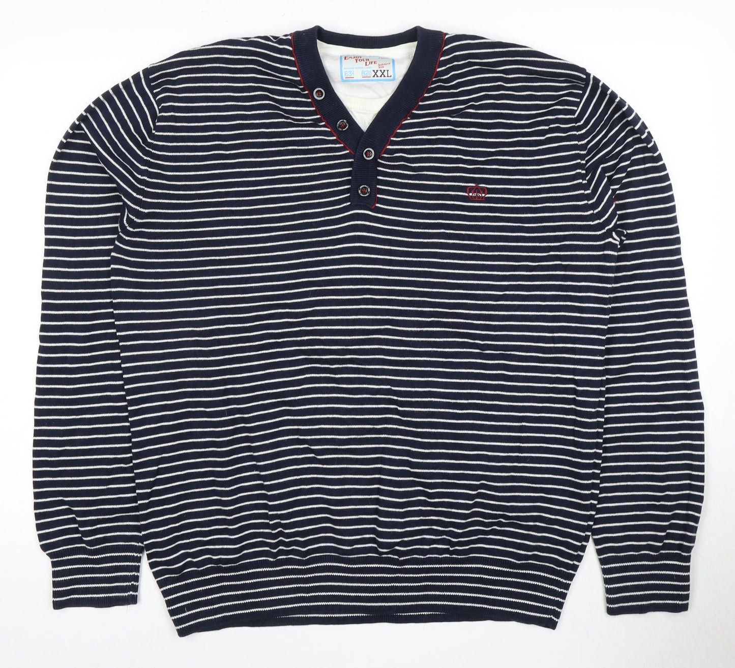 Next Men's Blue Striped Henley Jumper 2XL Cotton