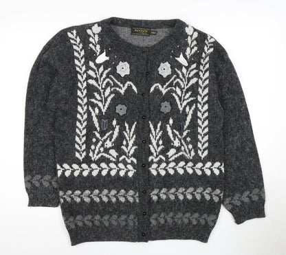 HANNAH Women's Grey Floral Knit Button Cardigan One Size