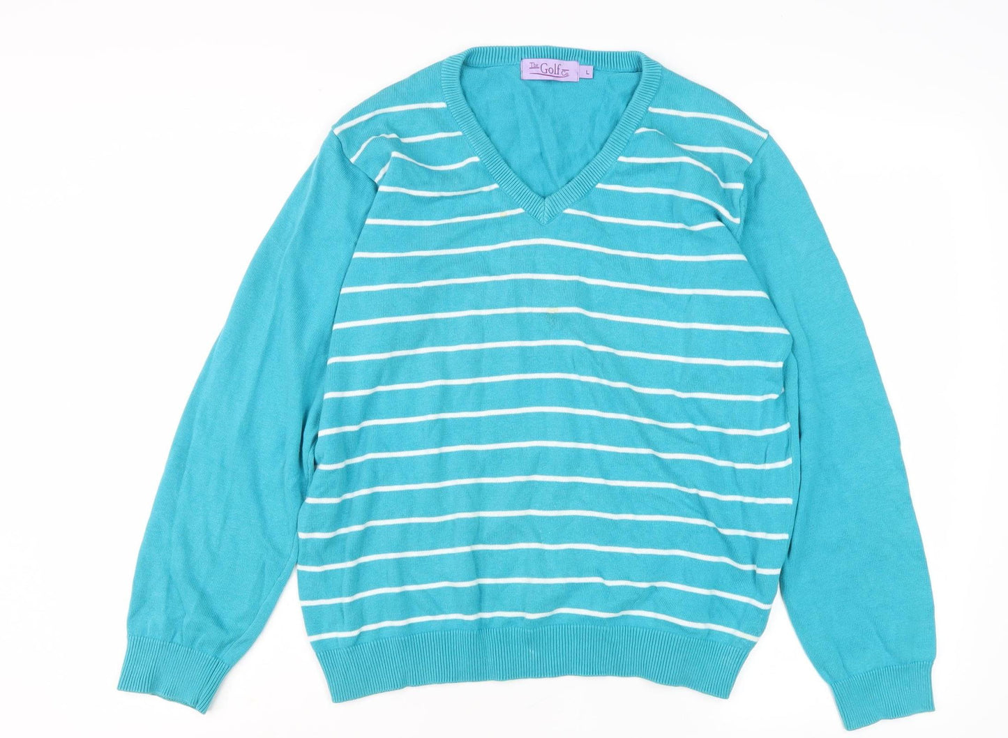 The Golf Co Women's Blue Striped Pullover Jumper - L