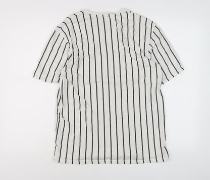 Pull & Bear Men's White Striped T-Shirt, Size M