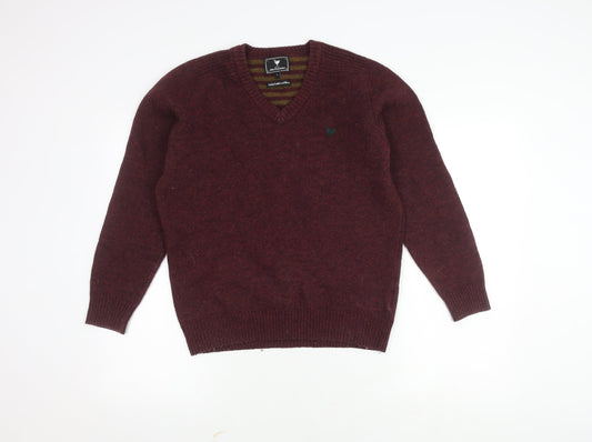 John Partridge Men's Red Wool V-Neck Pullover Jumper, L