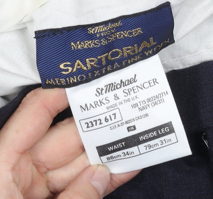 Marks and Spencer Men's Blue Check Trousers 34