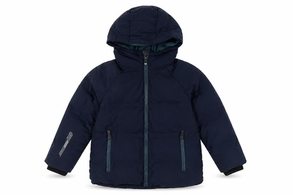 Front view of Next boys’ blue puffer jacket, size 5, years, hooded, winter