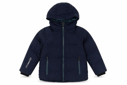 Front view of Next boys’ blue puffer jacket, size 5, years, hooded, winter