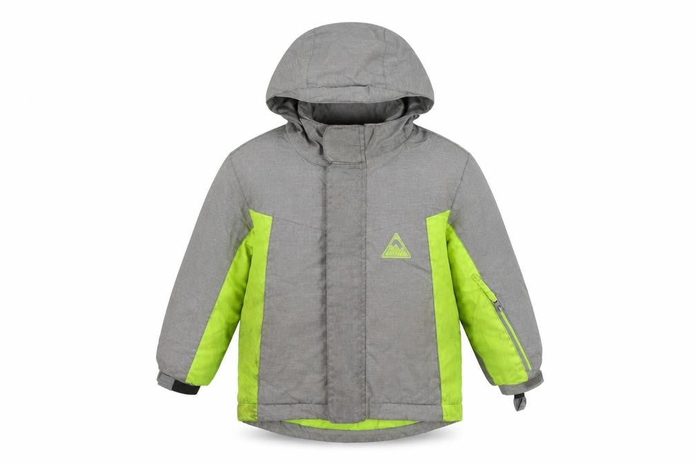 Front view of Decathlon boys’ grey puffer jacket, 3-4 years, hooded winter coat