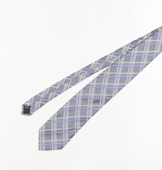 Van Heusen Men's Grey Purple Plaid Silk Designer Tie