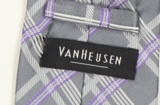 Van Heusen Men's Grey Purple Plaid Silk Designer Tie