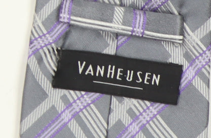 Van Heusen Men's Grey Purple Plaid Silk Designer Tie