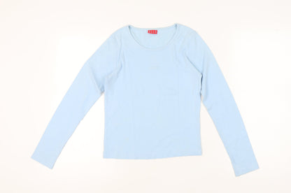 ELLE Women's Blue Cotton T-Shirt, Small, Long Sleeve