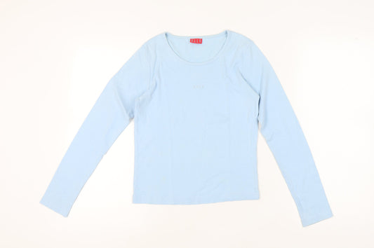 ELLE Women's Blue Cotton T-Shirt, Small, Long Sleeve