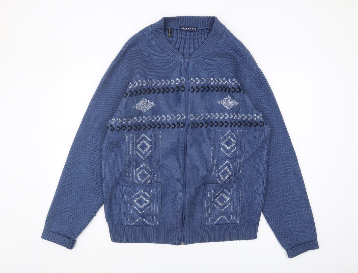 Premier Man Blue Full Zip Geometric Knit Jumper L