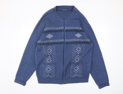 Premier Man Blue Full Zip Geometric Knit Jumper L