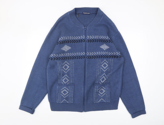 Premier Man Blue Full Zip Geometric Knit Jumper L