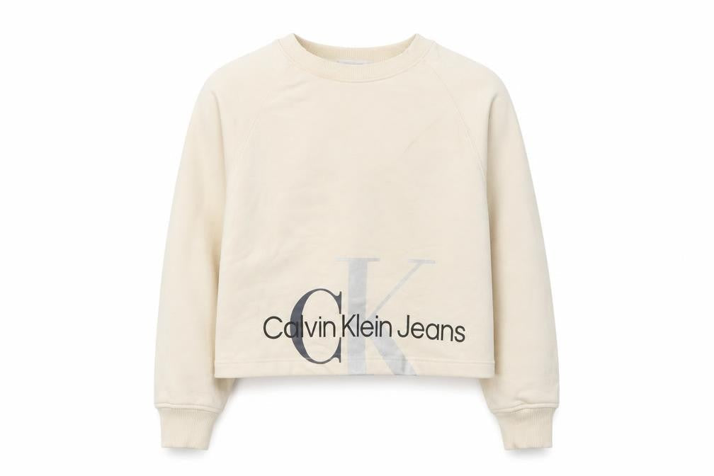 Front view of Calvin Klein women’s beige logo pullover sweatshirt, size UK 10