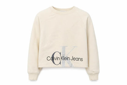 Front view of Calvin Klein women’s beige logo pullover sweatshirt, size UK 10