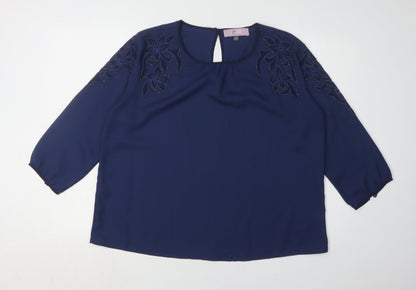 Elise Clemence Women's Blue Embroidered Blouse Size 16