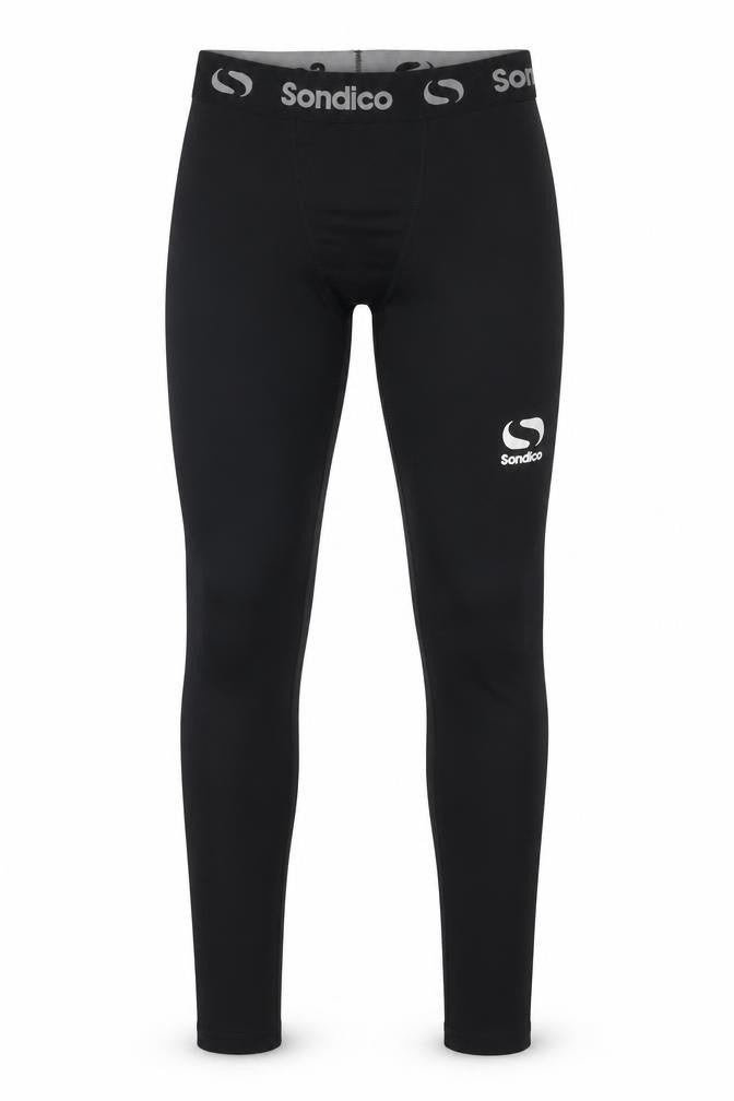 Front view of Sondico boys’ black compression leggings 146 athletic