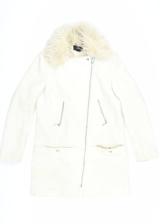 H&M Women's Ivory Long Wool Coat with Fur Trim, Size 10