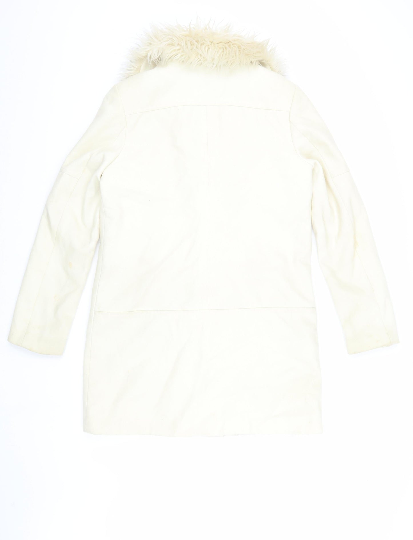 H&M Women's Ivory Long Wool Coat with Fur Trim, Size 10