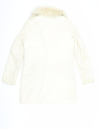 H&M Women's Ivory Long Wool Coat with Fur Trim, Size 10