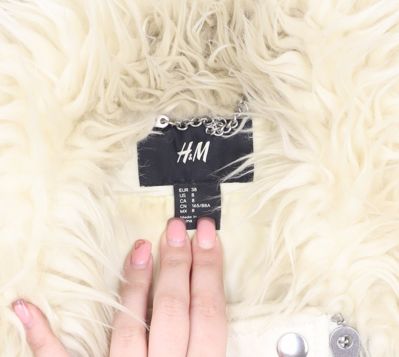 H&M Women's Ivory Long Wool Coat with Fur Trim, Size 10