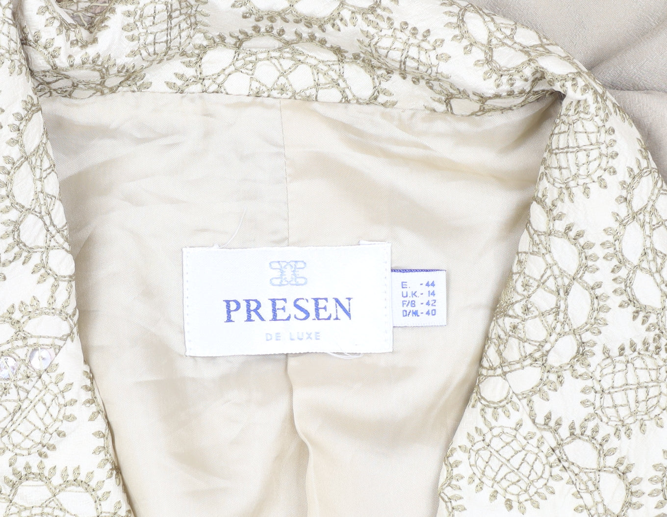 Presen Women's Beige Silk Suit Jacket Size 14