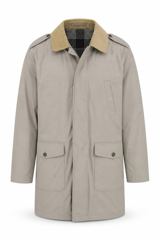 Front view of Canda Men's Beige 44in Check Lined Overcoat