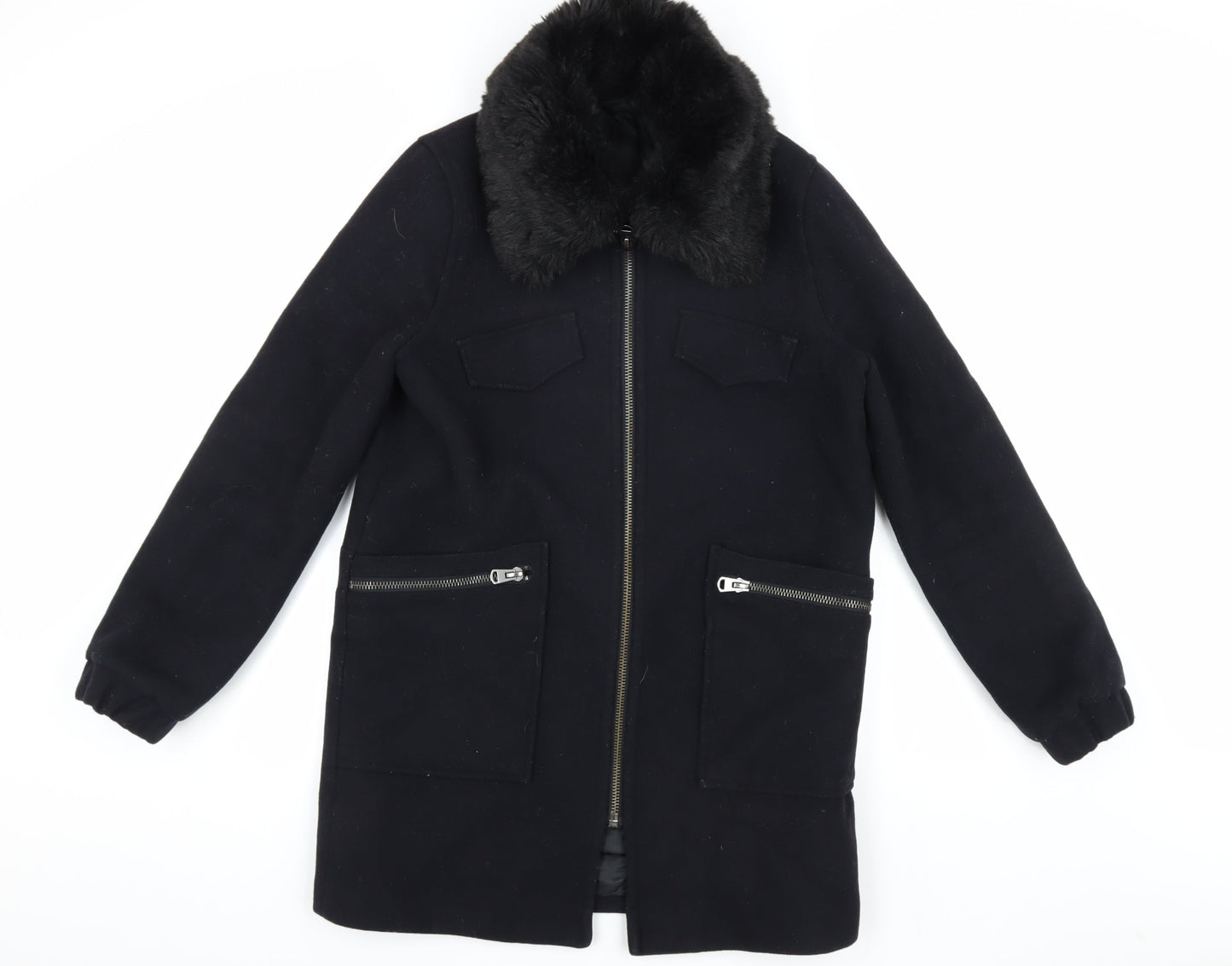 Topshop Women's Black Wool Overcoat - Size 12