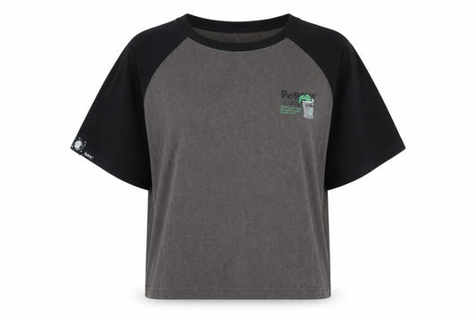 Front view of SEMI-R unisex black grey ringer t-shirt l cartoon