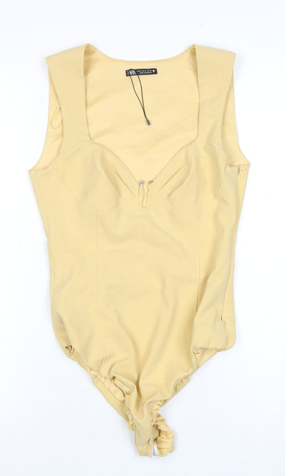 Zara Womens Beige Bodysuit M Slim Fit Sweetheart Neck