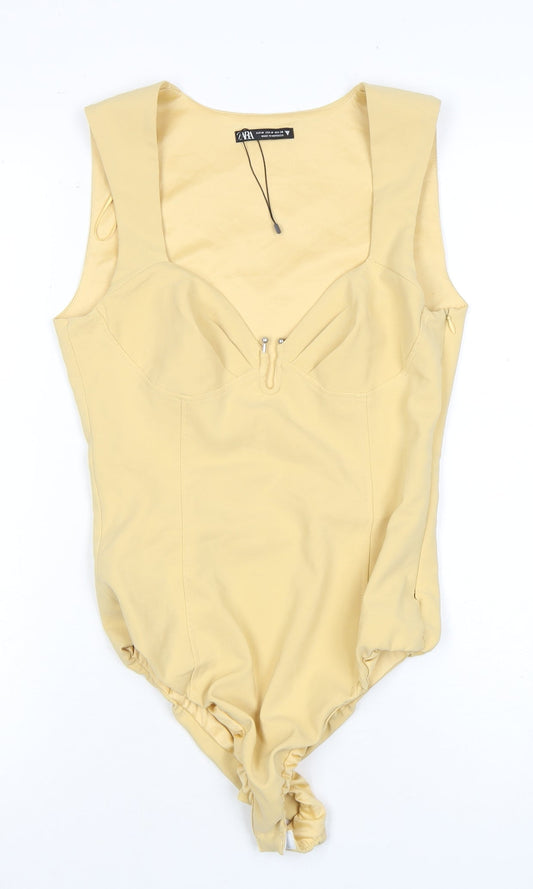 Zara Womens Beige Bodysuit M Slim Fit Sweetheart Neck
