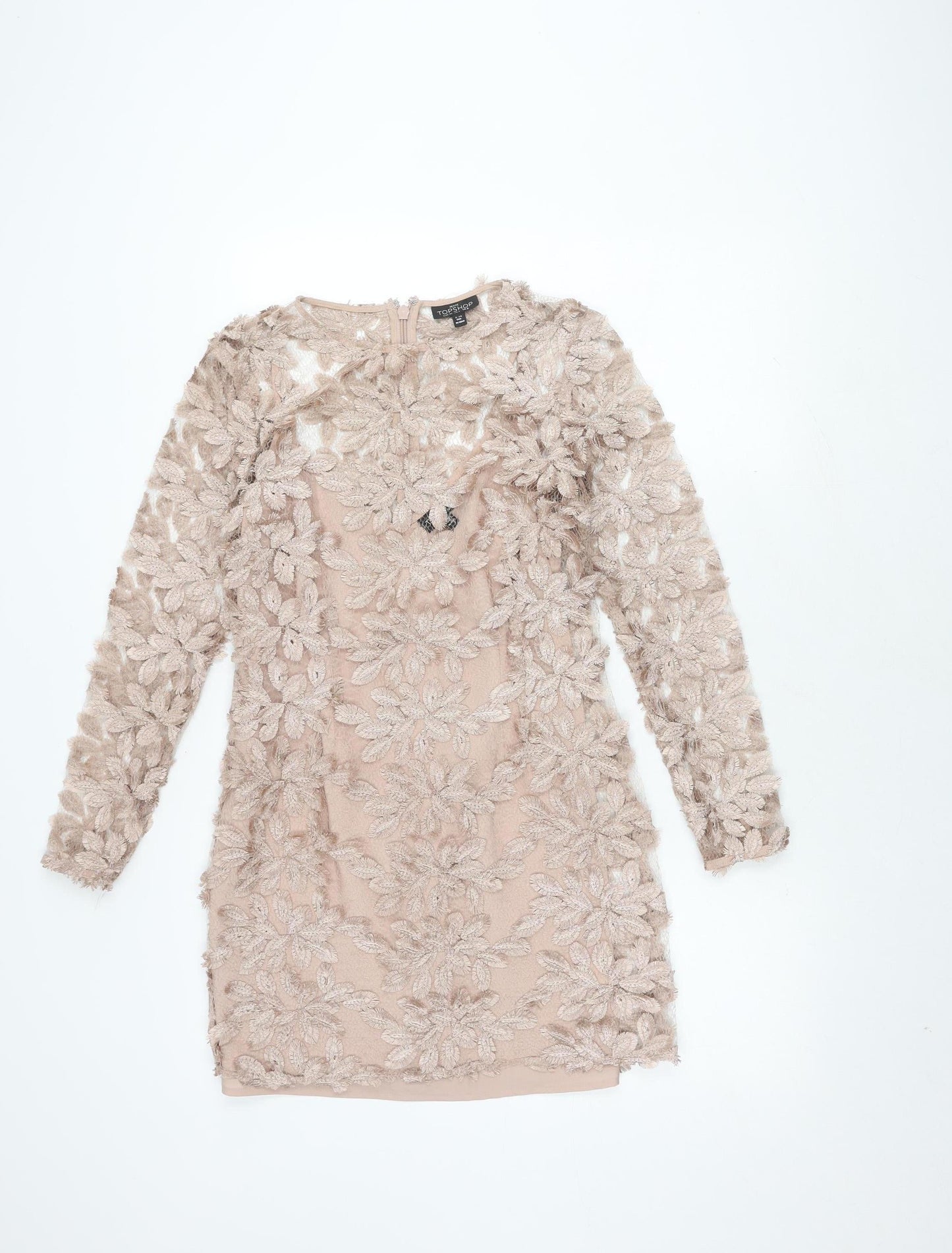 Topshop Women's Beige Embroidered Shift Dress Size 8