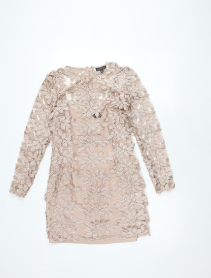 Topshop Women's Beige Embroidered Shift Dress Size 8