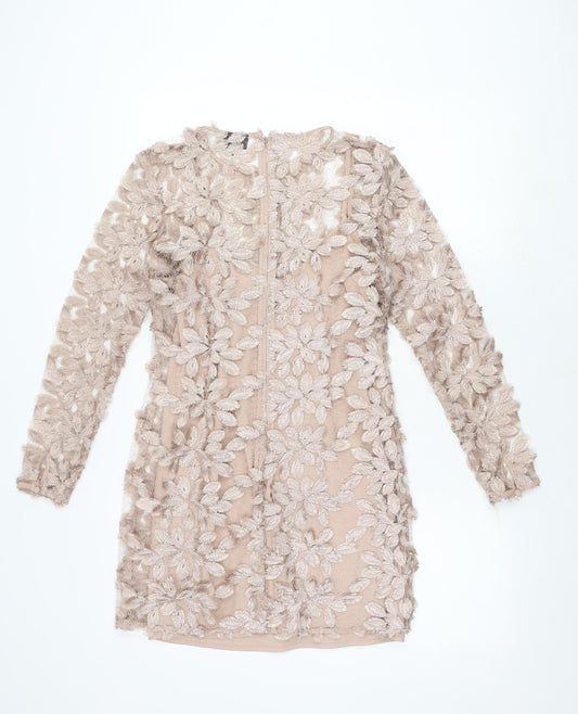 Topshop Women's Beige Embroidered Shift Dress Size 8