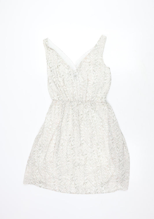 H&M Women's White Geometric V-Neck Dress Size 8