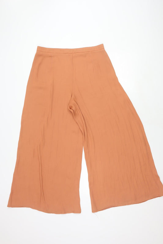 Zara Women Beige Wide-Leg Trousers L Relaxed Fit