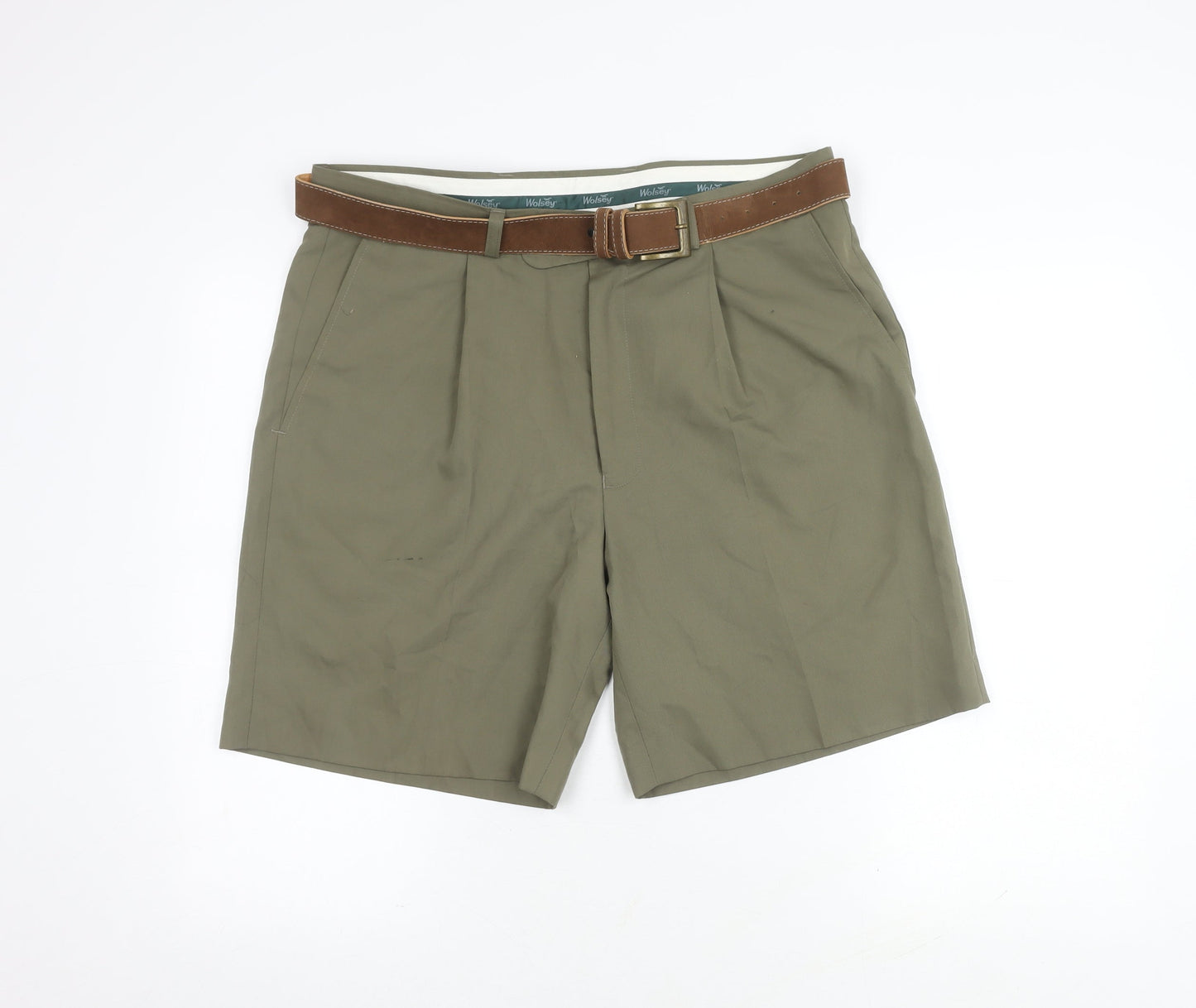 Wolsey Green Men's Chino Shorts, 30 in, Belted, Pleated