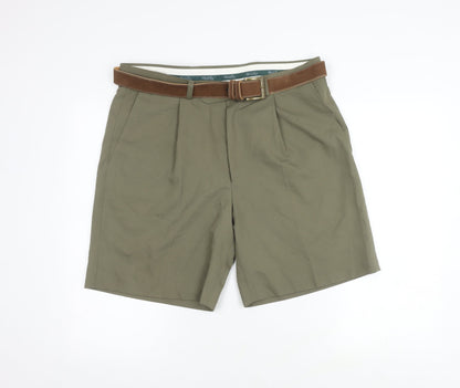 Wolsey Green Men's Chino Shorts, 30 in, Belted, Pleated