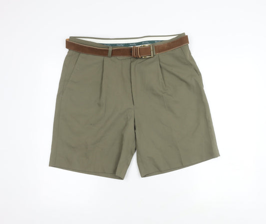 Wolsey Green Men's Chino Shorts, 30 in, Belted, Pleated