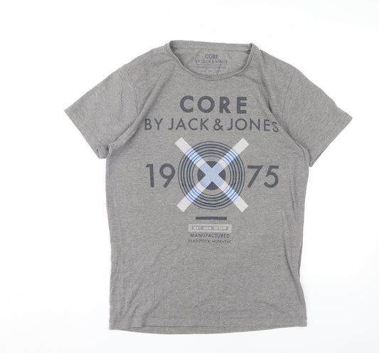 Jack & Jones Men's Grey Graphic T-Shirt, Size M, Crew Neck