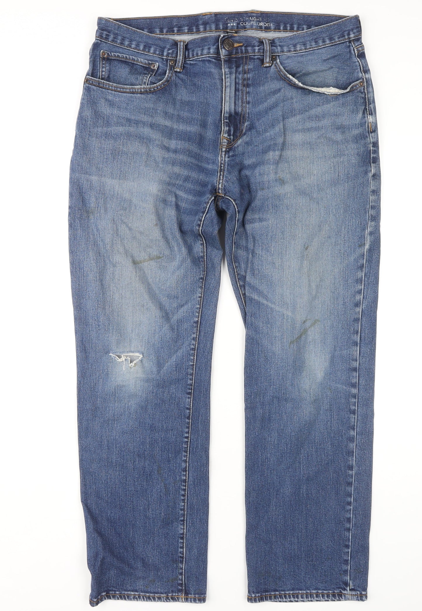 Gap Men's Blue Straight Jeans, Size 36, Distressed Style