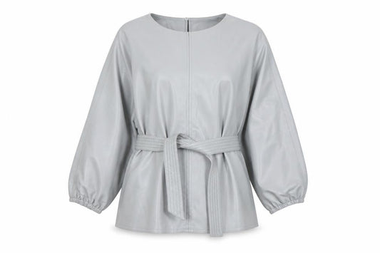 Front view of Yaya Women's Grey Long Sleeve Belted Top, size 8