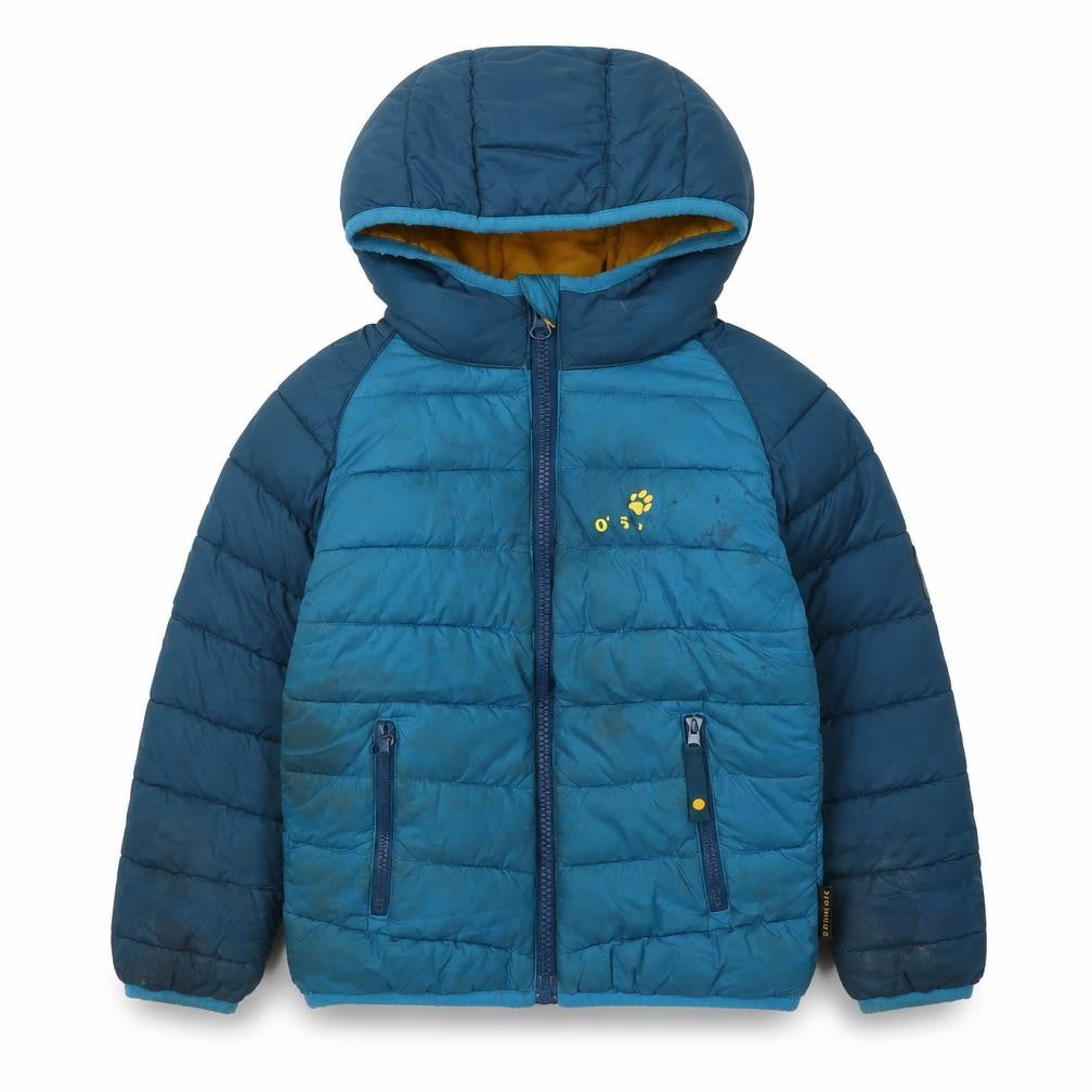 Front view of Jack Wolfskin boys’ blue puffer jacket, 3-4 years, winter ready