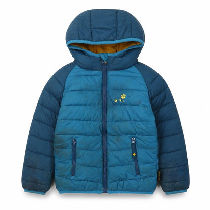 Front view of Jack Wolfskin boys’ blue puffer jacket, 3-4 years, winter ready
