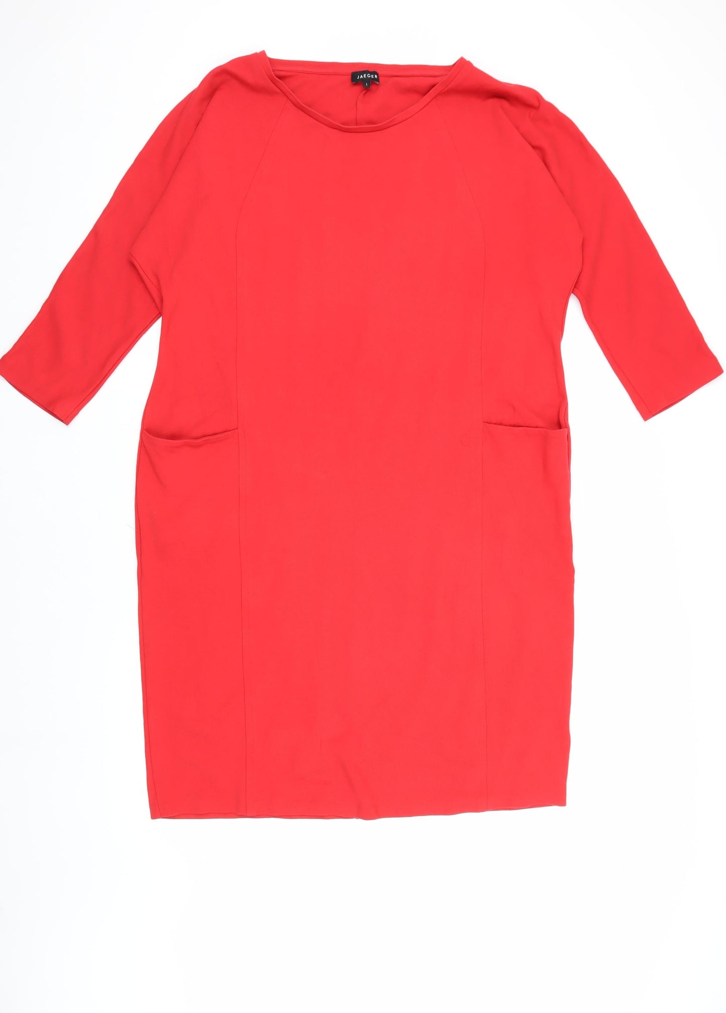 Jaeger Women's Red Knit Dress L - 3/4 Sleeve, Round Neck